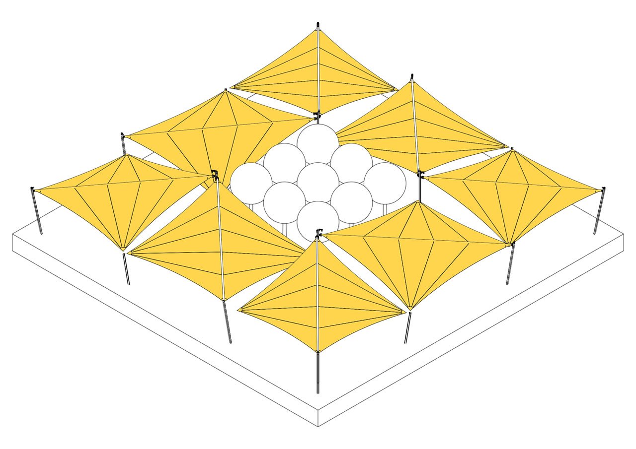Schema di copertura con 8 vele ombreggianti combinate