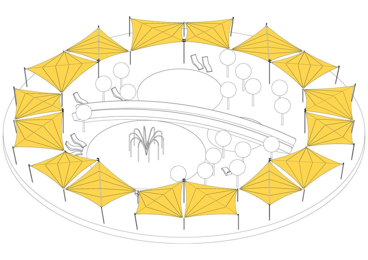 Schema di copertura circolare con vele ombreggianti combinate