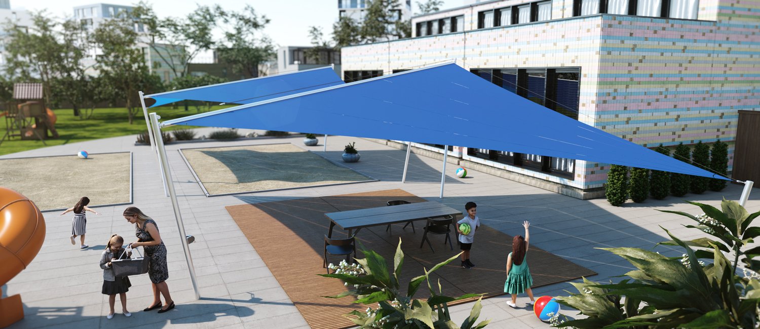 Vele ombreggianti manuali RF sopra un cortile con tavolo da ping pong